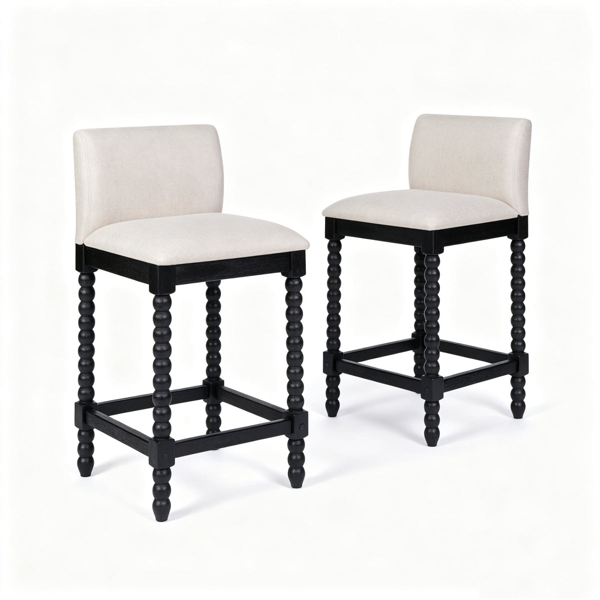 Farmhouse Coastal Counter Stools Set of 2,  Rubberwood Bobbin Legs, Linen-Like Upholstered Bar Stool with Backrest, 300 LBS Capacity Kitchen Island Stools