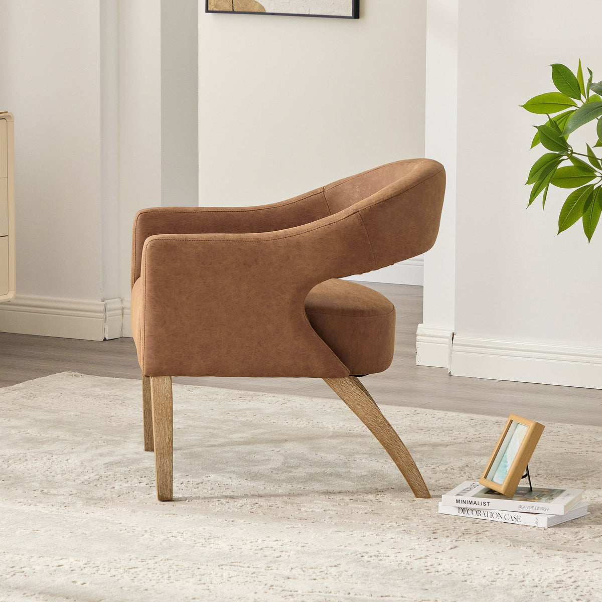 Modern Upholstered PU Open Back Accent Armchair Barrel Dining Chair with Weathered Rubberwood Legs, Hollow-Out Side Club Chair for Living Room Bedroom Restaurant Cafes Dining Room Reception,Brown
