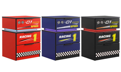 Kids Racing Car 3-Drawer Nightstand with Smart RGB LED Light, App/Remote/Music Sync Bedside Storage Cabinet, Fully KD