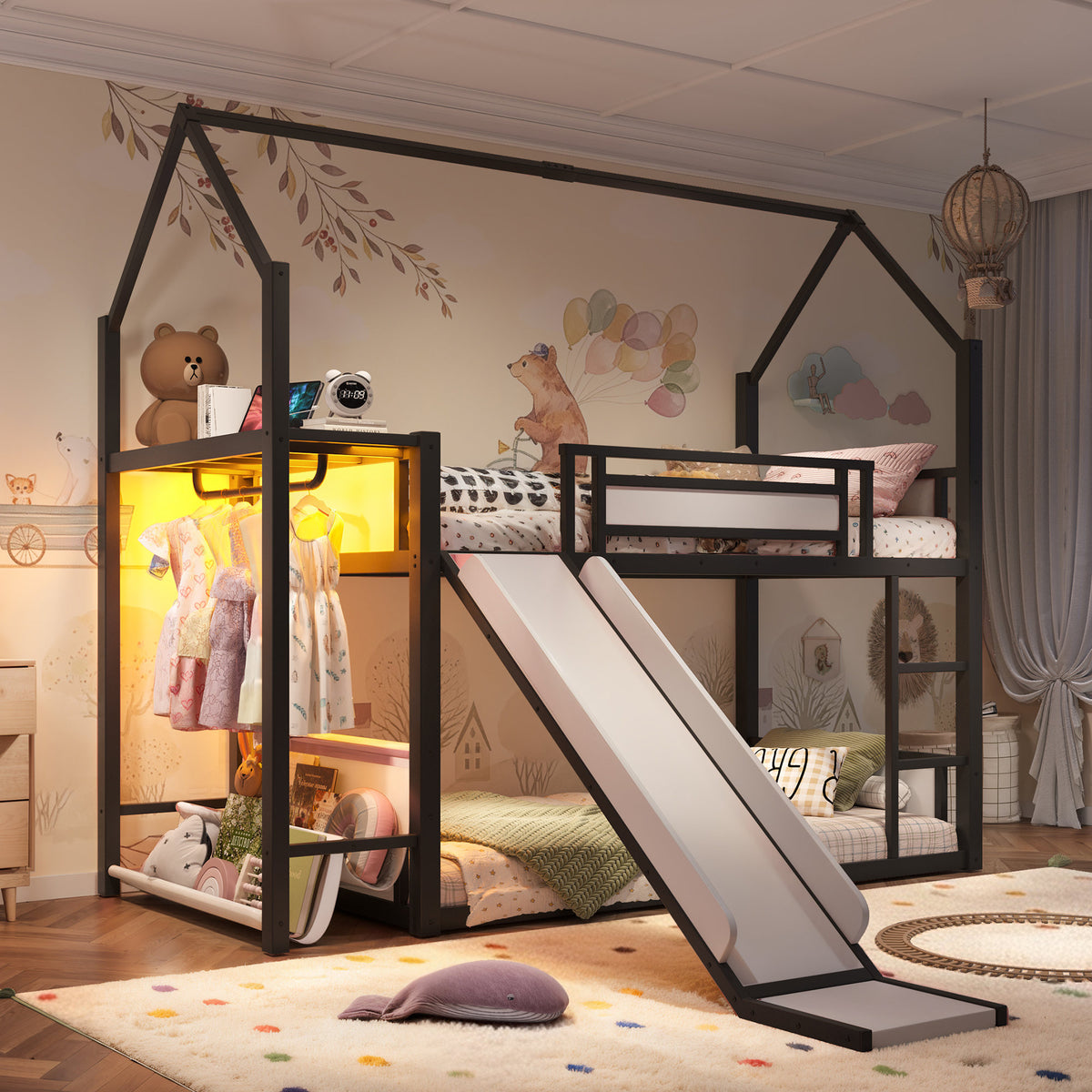 Twin Over Twin Metal Bunk Bed with Slide, LED Clothing Hanging Area, Fabric Storage Shelf & Power Outlet, Childlike Playhouse bunk bed Frame with low-profile design for Kids Girls,boys, Black