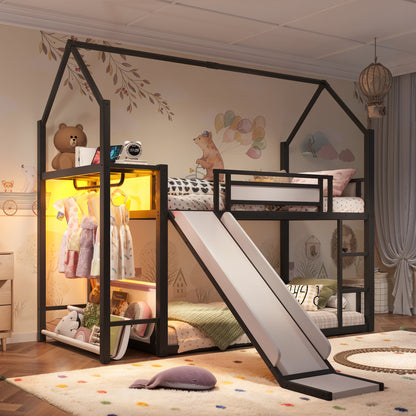 Twin Over Twin Metal Bunk Bed with Slide, LED Clothing Hanging Area, Fabric Storage Shelf & Power Outlet, Childlike Playhouse bunk bed Frame with low-profile design for Kids Girls,boys, Black