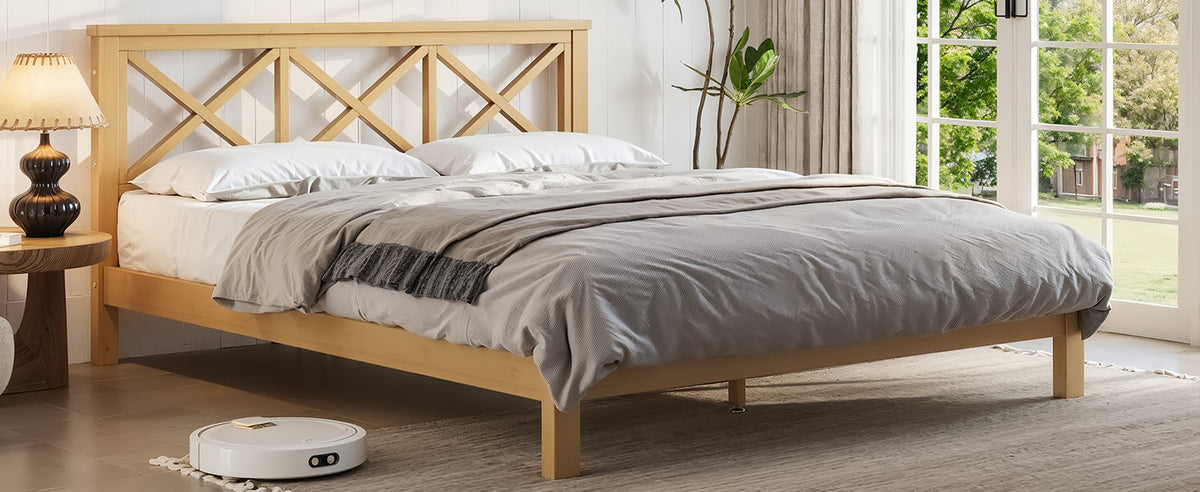Queen Platform Bed with ''X'' Design Headboard, Bamboo-made Bed Frame Queen Size with Suppport Slats, Mid-century Style, Natural