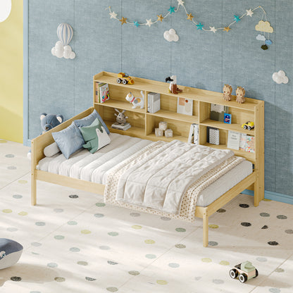 Twin Size Solid Wood Single Bed with Large Multi-compartment Storage Headboard Bookshelf, Simple Solid Wood Bed Frame, Multi-functional Storage Bed for Bedroom,Natural