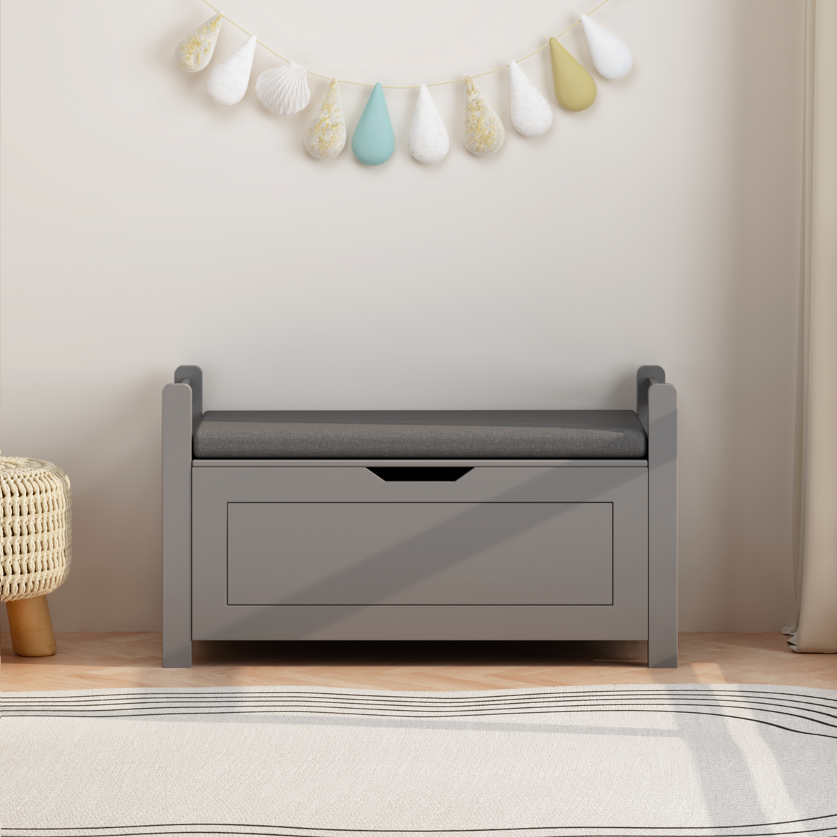 Kids Toy Box Chest for Boys Girls, Large Storage Cabinet with Cushion Seat Bench/ Flip-Top Lid/ Safety Hinge, Toy Storage Organizer Trunk for Nursery, Playroom (Gray)