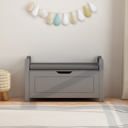 Kids Toy Box Chest for Boys Girls, Large Storage Cabinet with Cushion Seat Bench/ Flip-Top Lid/ Safety Hinge, Toy Storage Organizer Trunk for Nursery, Playroom (Gray)