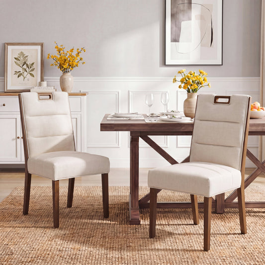 Upholstered Armless Dining Chairs, Beige Fabric & Walnut Rubber Wood Frame, Set of 2