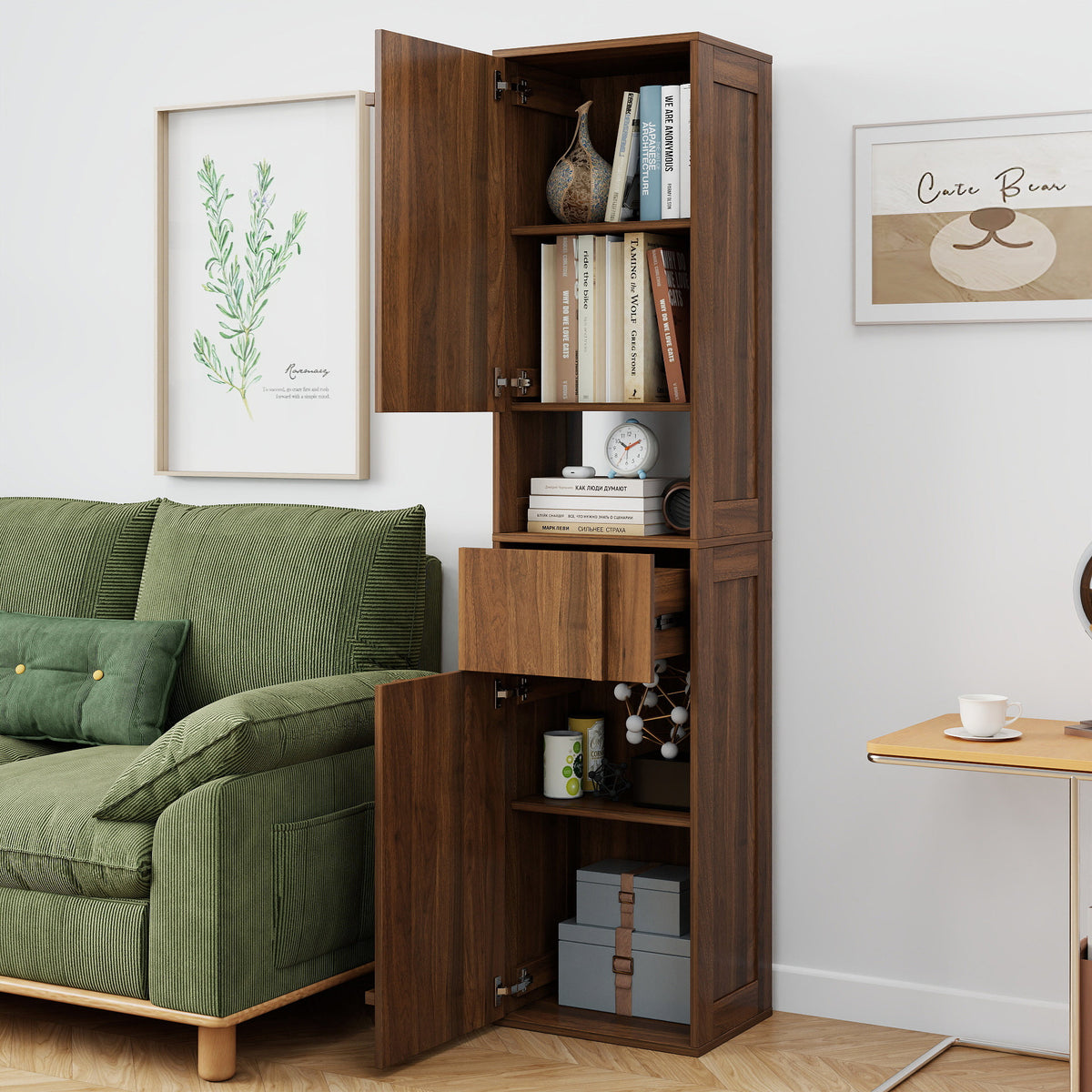 Tall Narrow Storage Cabinet, Wooden Freestanding Bookshelf with Doors & drawer, Slim Display Bookcase for Living Room, Bedroom, Home Office