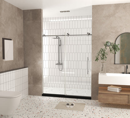 Frameless shower door 56-60 "W x 76" H, 1/4 "(6 mm) Clear Tempered Glass, Explosion Proof Film, Stainless Steel Handle,Brushed Nickel
