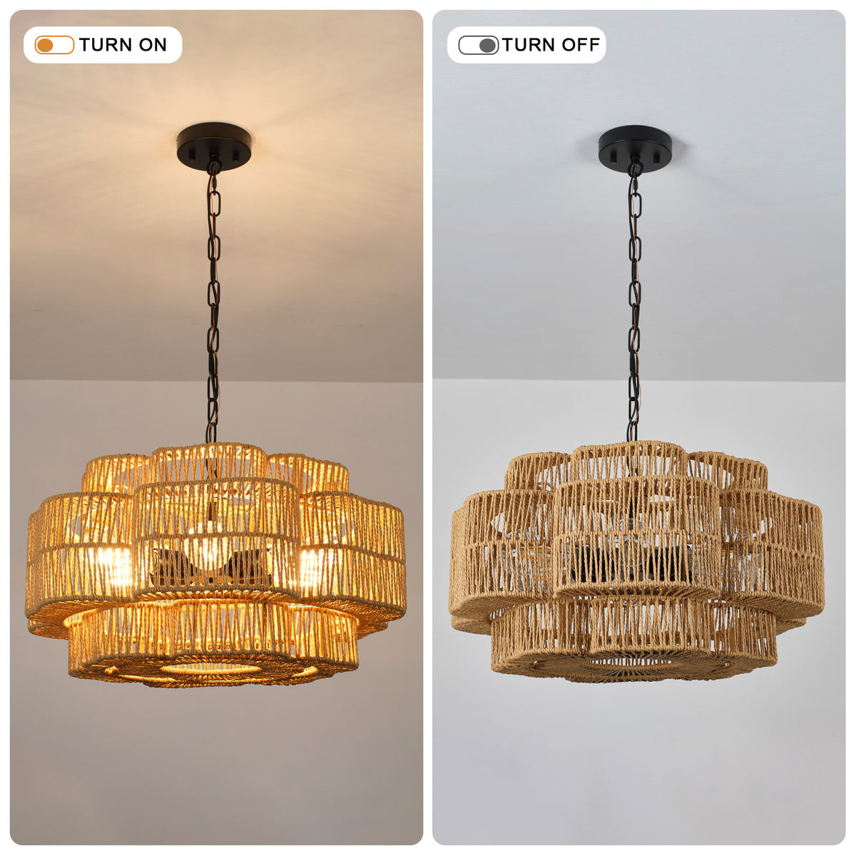 21.65" 2-Tier Black Paper Rope Chandelier, 6xE26 Max 60W Pendant Light with Adjustable Hanging Chain