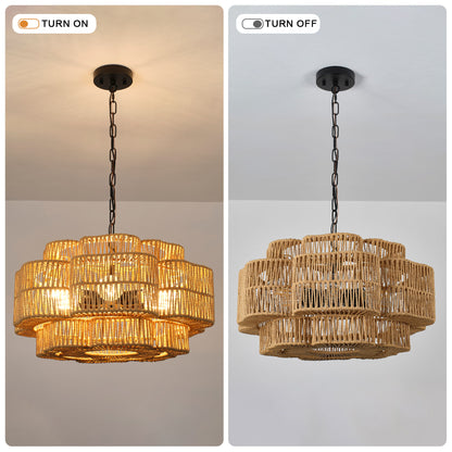 21.65" 2-Tier Black Paper Rope Chandelier, 6xE26 Max 60W Pendant Light with Adjustable Hanging Chain