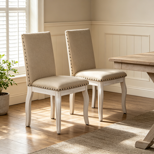 TREXM Set of 2 Dining chairs Wood Upholstered Fabirc Dining Room Chairs with Nailhead(Oak Natural Wood + Antique White)
