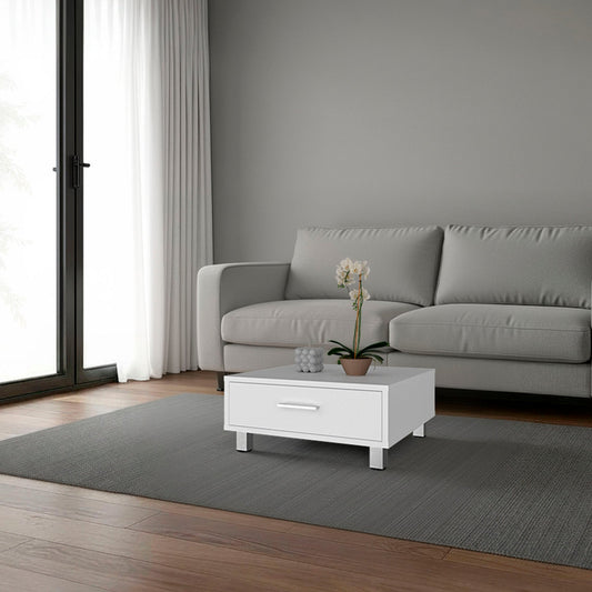 Berd White Coffee Table with Drawer and Metal Legs, Compact Design, White
