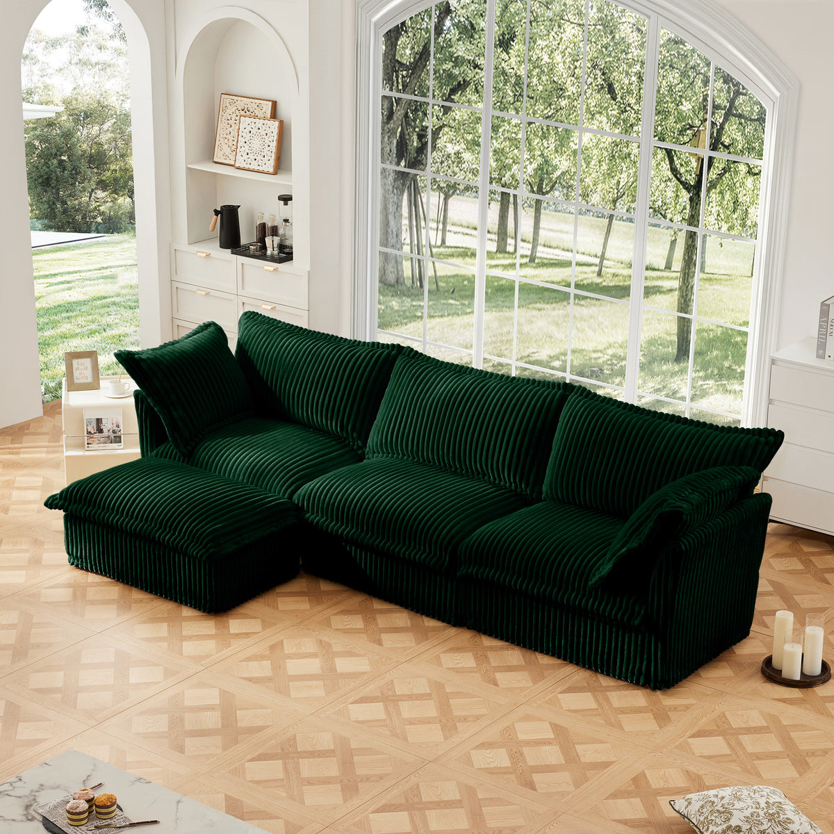 L-Shaped Slipcovered Sectional Sofa Couch, Comfy Deep Seat Cloud Couch with Convertible Ottoman & 2 Big Pillows, Modern Oversized 3 Seater Slipcovered Sofa Set for Living Room Office, Green Corduroy