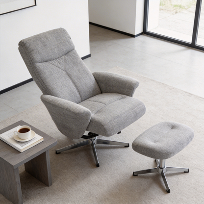 Swivel chenille Recliner with Ottoman Chair Modern Armchair Ergonomic Push Manual Reclining Footrest Upholstered Bedroom Living Room Reading Home Relax Office, Light Grey
