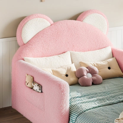 Twin Upholstered Kids Bed, Cute BearShaped Upholstered Floor bed, Children Bed Frame with Removable MagicTape Headboard, Low Floor Bed for Kids,White&Pink