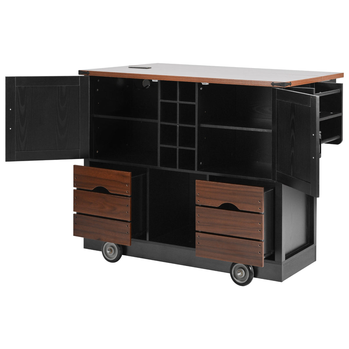 K&K 54" Farmhouse Kitchen Island with Drop Leaf, Power Outlet, Kitchen Storage Cart with 2 Doors, 2 Drawers