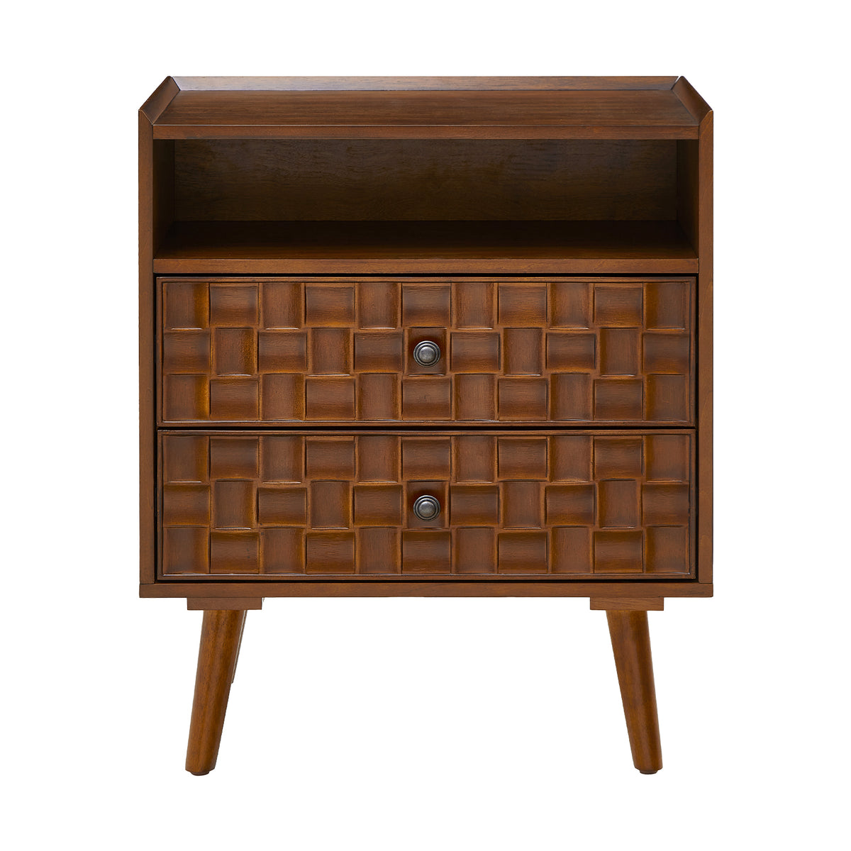Nightstand with Charging Station, 2 Drawer Bedside Table with Shelf  Features geometric drawer fronts, open storage, USB and AC charging, and solid wood legs for everyday convenience