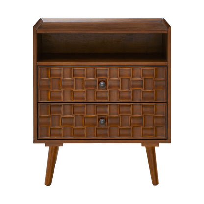 Nightstand with Charging Station, 2 Drawer Bedside Table with Shelf  Features geometric drawer fronts, open storage, USB and AC charging, and solid wood legs for everyday convenience