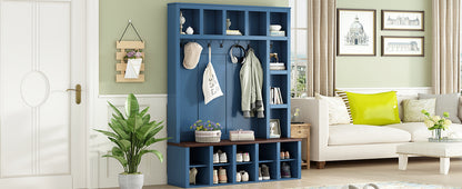 Farmhouse Wooden Hall Tree with 6 Hooks, Walnut Storage Bench with Adjustable Shelves, 4-in-1 Entryway Shoe Cabinet with Cubbies for Mudroom, Living Room, Blue (New Color of N721S000044K-1/B-1)