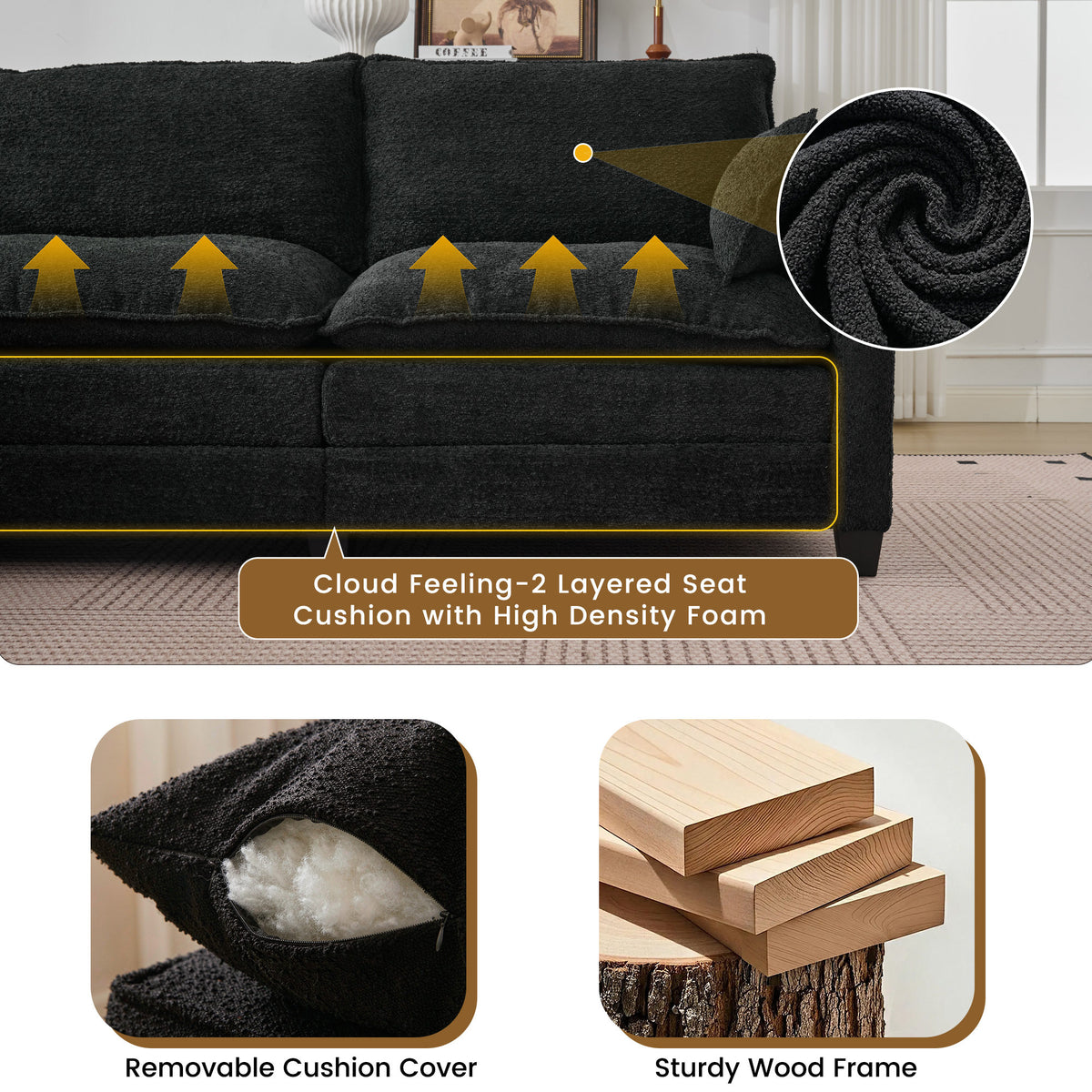 Loveseat Sofa with Cloud 2-Layer Cushion & 27" Deep Seat, Modern Black Couch with 2 Washable Pillows for Small Spaces, Bedroom, Apartment, Office, Living Room