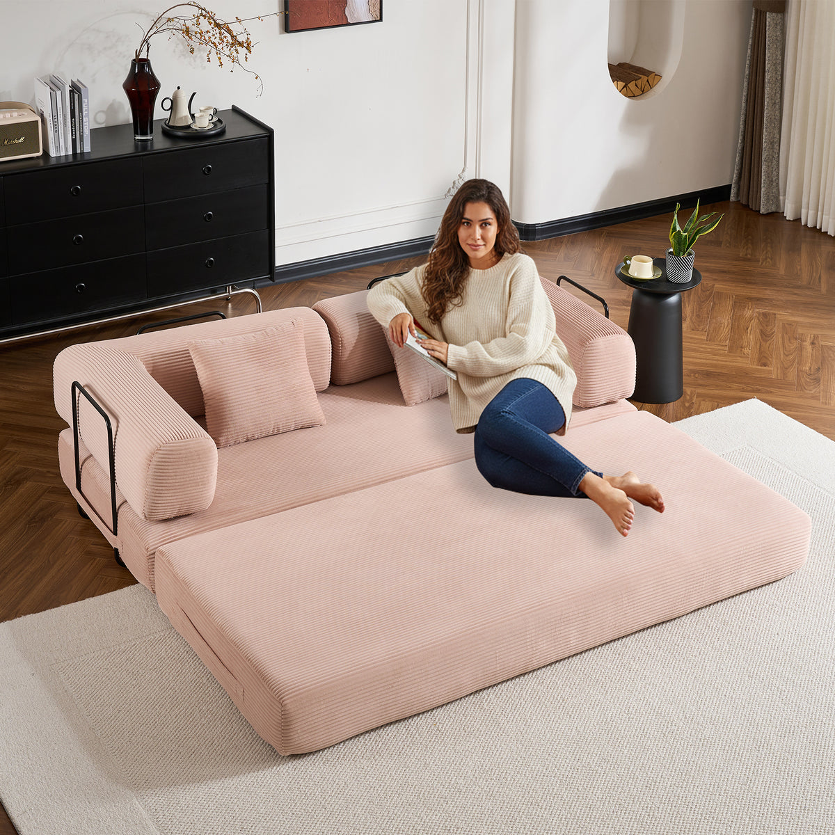 Convertible Sleeper Sofa Bed with Cylindrical Pillow, Corduroy Folding Mattress Couch with Fixed-Shape Frame, Floor Sofa Lounge Couch - Pink