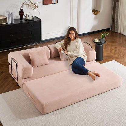 Convertible Sleeper Sofa Bed with Cylindrical Pillow, Corduroy Folding Mattress Couch with Fixed-Shape Frame, Floor Sofa Lounge Couch - Pink