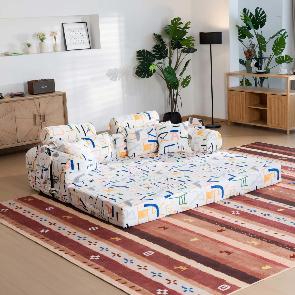Abstract Line Printed Convertible Sleeper Sofa Bed High Density Compressed Sponge Foldable Multi-functional Upholstered Couch for Living Room Hotel Apartment