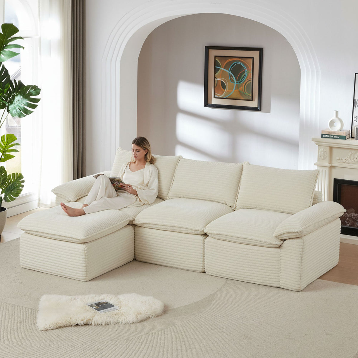 Modern corduroy cloud sofa, can be freely combined and has a comfortable sitting experience, suitable for modern living room furniture – Model W3396S00026