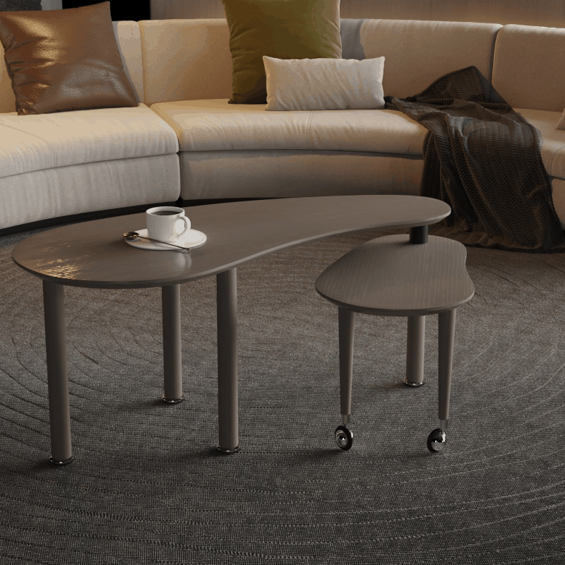 Contemporary rotatable cocktail table with solid rubber wood legs, 360 degree rotating coffee table with wood grain veneer tabletop grey brown / walnut / black finish for living room, bedroom