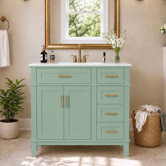 36" Light Green Modern Bathroom Vanity with Ceramic Sink, Soft-Close Door, and 4 Storage Drawers , offering a refined look with practical everyday functionality.(Old SKU:N729P380151F)