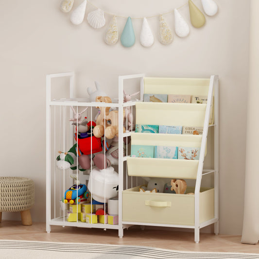 Kids Bookshelf and Toy Storage Organizer, Dual-Sided Children Bookshelf with Figure Display Storage and Book Sling Pockets, Toy Organizer for Playroom, Bedroom and Nursery