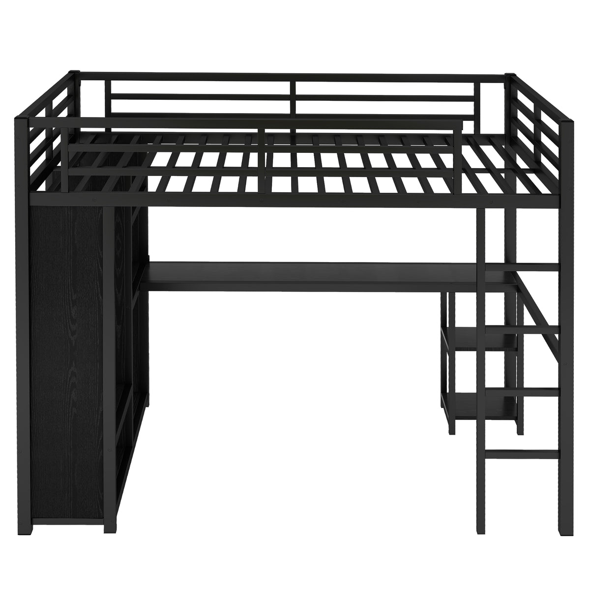 Full Size Loft Bed Frame with Built-in Wardrobe, Metal Loft Bed with Desk and Storage Shelves, Black