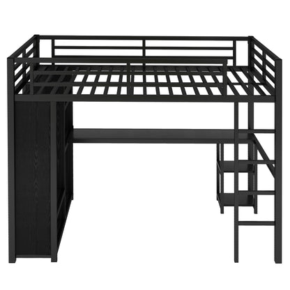 Full Size Loft Bed Frame with Built-in Wardrobe, Metal Loft Bed with Desk and Storage Shelves, Black