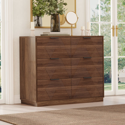 Modern Walnut Dresser with 6 Drawers, Mid Century 3D Geometric Wood Chest of Drawers, Large Storage Cabinet for Bedroom, Living Room & Entryway