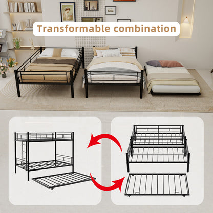 Heavy-duty Sturdy Metal Twin over Twin Bunk Bed with Noise Reduction, Safety Guardrail, No Box Spring Needed, Black