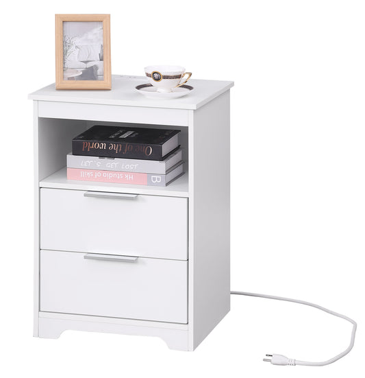 Nightstand with Charging Station, End Table with 2 Drawers, Wooden End Table with Drawer and Opening Shelf, Side Table, White