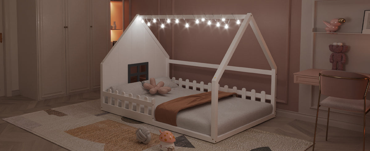 Full Size Wood House Bed with Window and Fence, White (Old SKU: WF304147AAK)