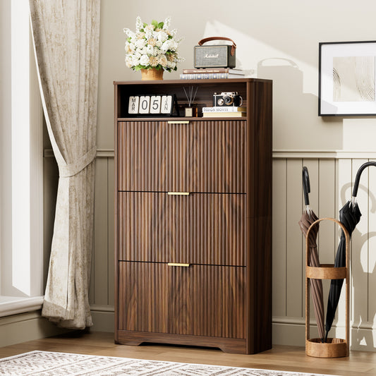 Shoe Cabinet Storage for Entryway Hidden Shoes Storage Cabinet with 3 Flip Drawers, Tall Free Standing Shoe Organizer Rack for Foyer, Hallway. Walnut ,31.6'' L x 9.6'' W x 54.4'' H.
