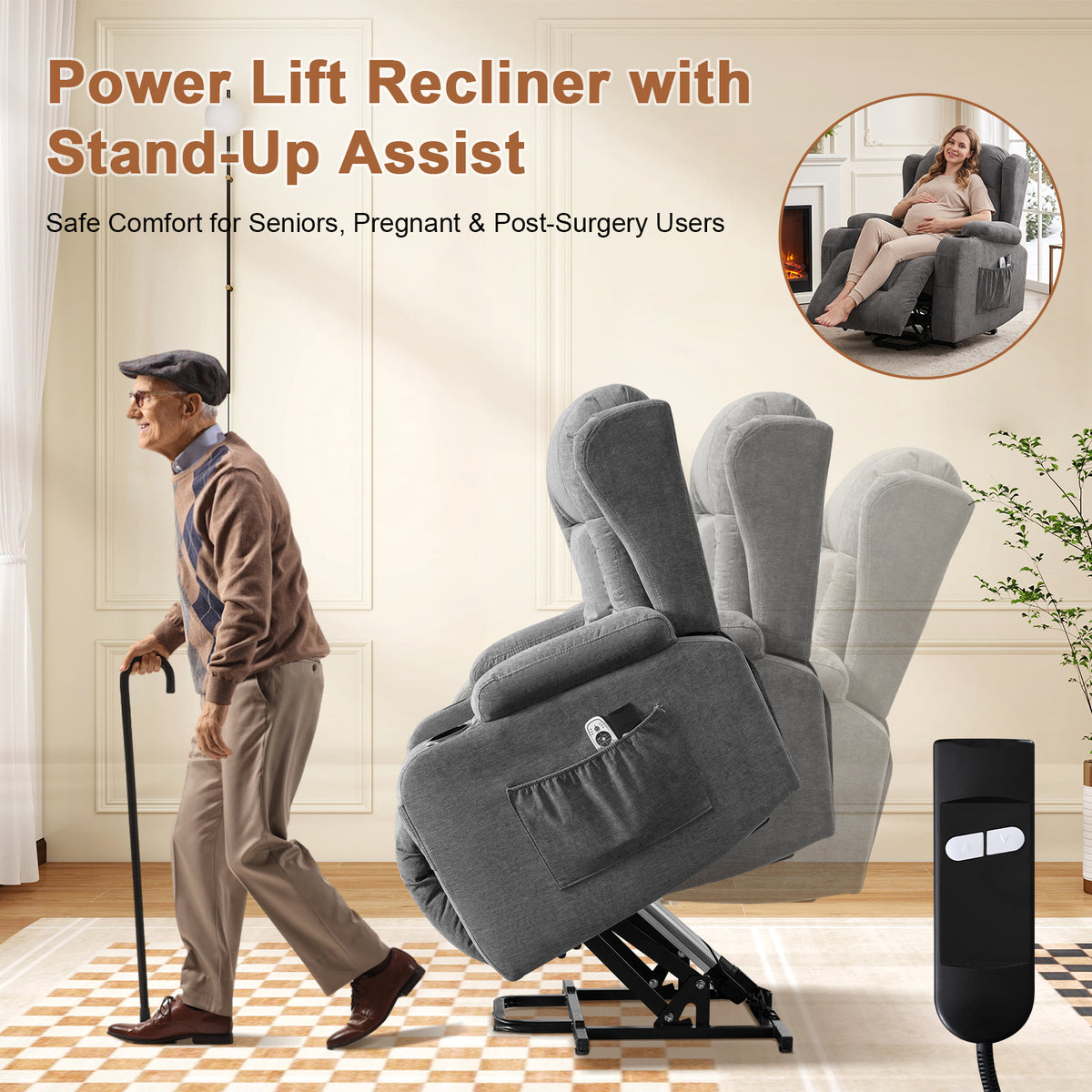 Power Lift Recliner Chair for Elderly with Massage and Heat 8-Point Massage, Lumbar Heat, Electric Lift Assistance, USB Charging Port, Dual Cup Holders, Side Pockets