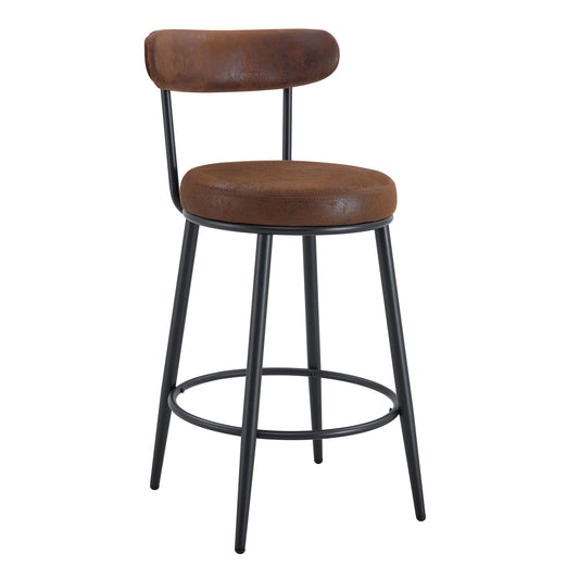 Fashionable Ergonomic Bar Chairs with Brown Technology Fabric Cushions, Black Metal Legs, 35.5 Inches.Set of 2.
