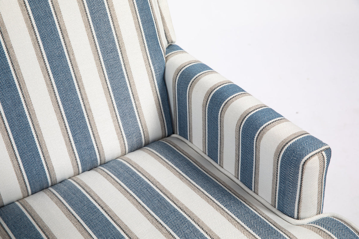 Upholstered Accent Chair, Vintage Armchair with Solid Wood Legs, Blue and White Striped Linen Fabric and Nailhead Trim for Living Room