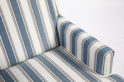 Upholstered Accent Chair, Vintage Armchair with Solid Wood Legs, Blue and White Striped Linen Fabric and Nailhead Trim for Living Room
