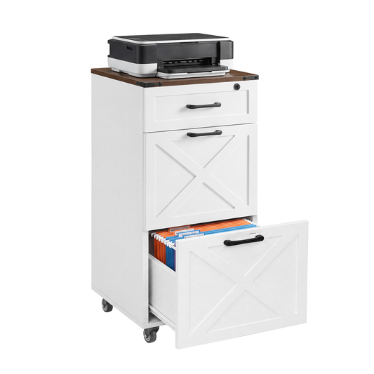 Rustic White Farmhouse 3-Drawer File Cabinet with Wheels – Vertical Rolling Storage for Letter/A4, Printer Stand & Mobile Organizer for Home Office