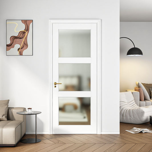 32' X 80'3-Lite French Interior Tempered Frosted Glass Door Slab for Pantry Doors, French & Pocket Doors, Solid Core Interior Door w/o Hardware Kit, Prehung Jamb or Borehole, White