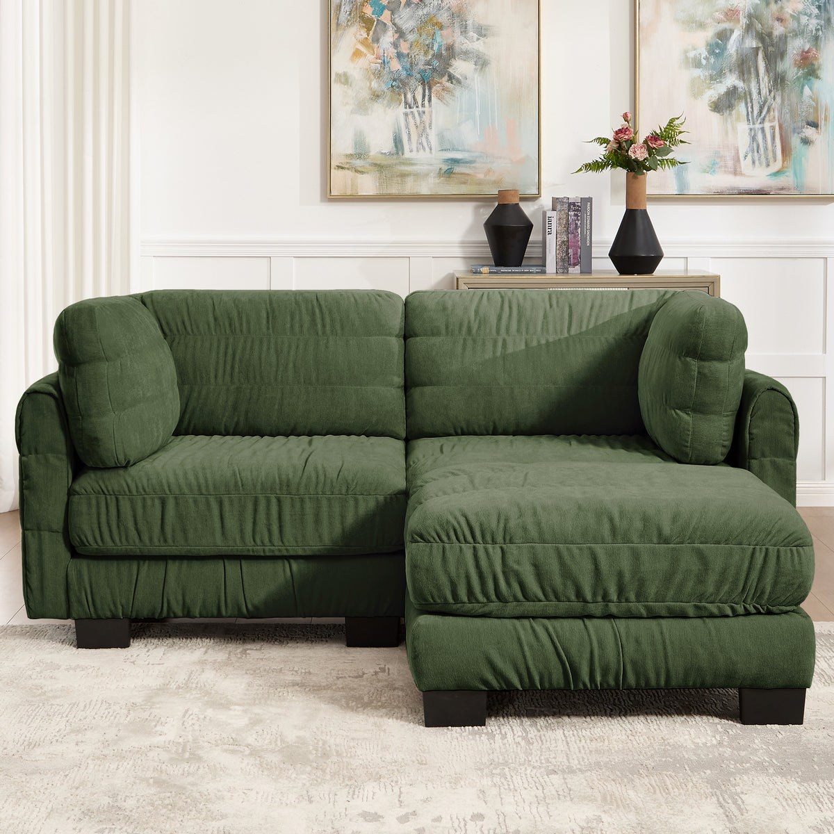 2 Seat Ruched Detailing Chenille Modular Sectional Sofa,Movable Ottoman,High-Density Foam,L Shape Thickened  Back Cushions,Easy Assembly,For Living Room,Bedroom,Green