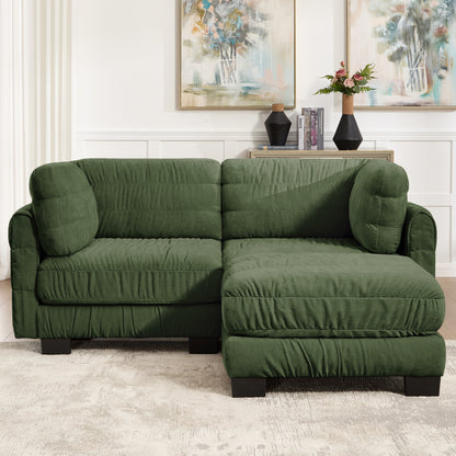 2 Seat Ruched Detailing Chenille Modular Sectional Sofa,Movable Ottoman,High-Density Foam,L Shape Thickened  Back Cushions,Easy Assembly,For Living Room,Bedroom,Green