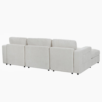 U-Style 102.4" U Shaped Sectional Sofa, Chenille Modular Couch with Curved Ottoman & Storage Ottoman, 3 Seater Sofa with Drop Down Console and 2 Cup Holders, Solid Pine Wood Frame for Living Room