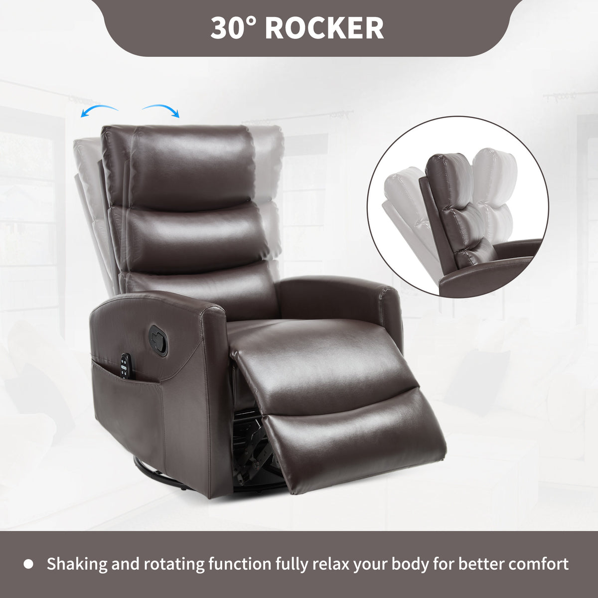 Heat Massage Manual Recliner Chair with Rocker and Swivel in Fabric, Brown