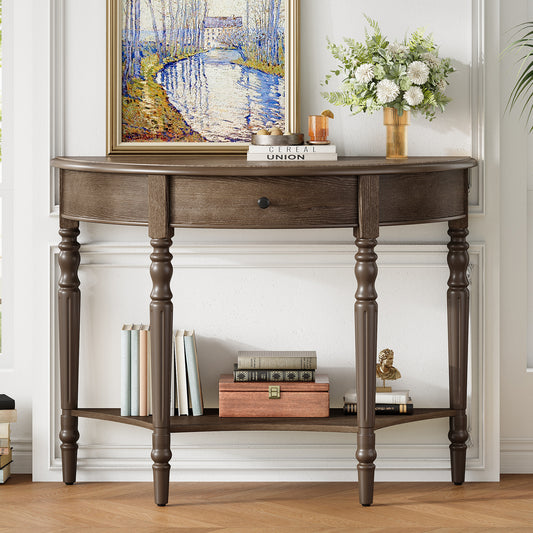 TREXM Farmhouse Half Moon Console Table with Drawer & Shelf - Rustic Accent Table, Sofa Table for Entryway, Living Room, Hallway and Foyer (Walnut)