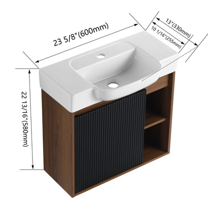 24'' Wall-Mounted Bathroom Vanity with White Ceramic Sink & Soft-Close Door, KD-Packing